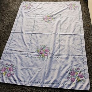 Vintage Floral Cross-Stitch Tablecloth Roses Daisies 50x68 Embroidered Linen